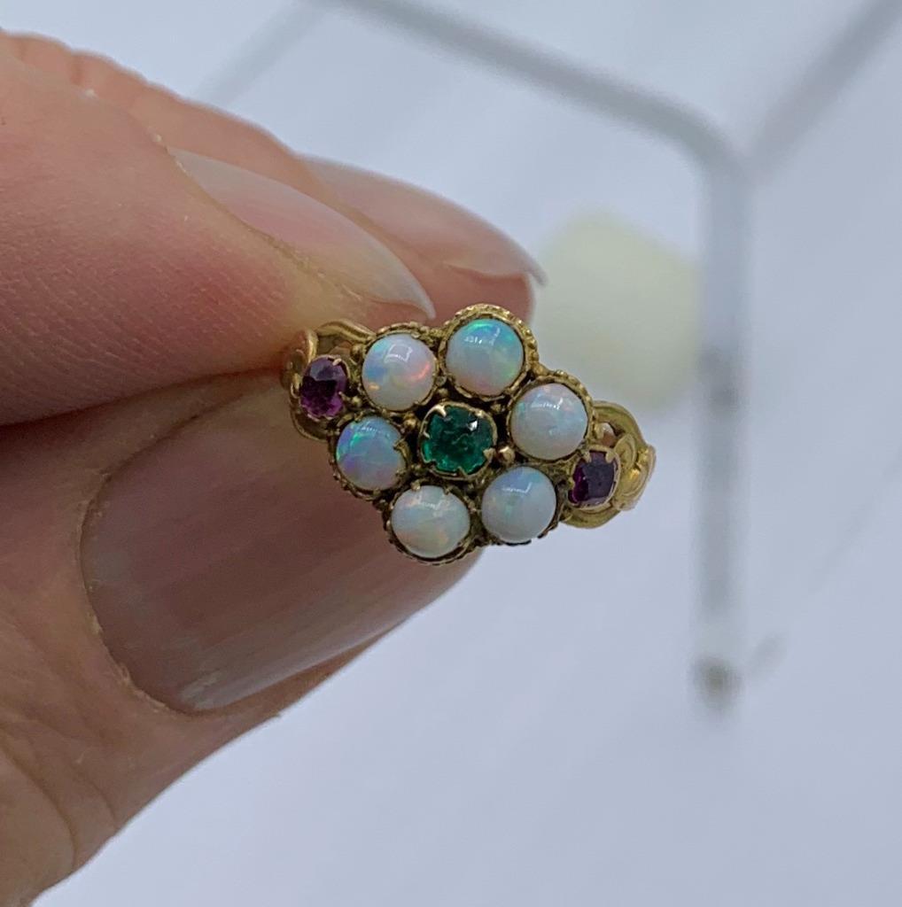 Victorian Opal Emerald Ruby Ring Antique Wedding Engagement Ring 14 Karat Gold