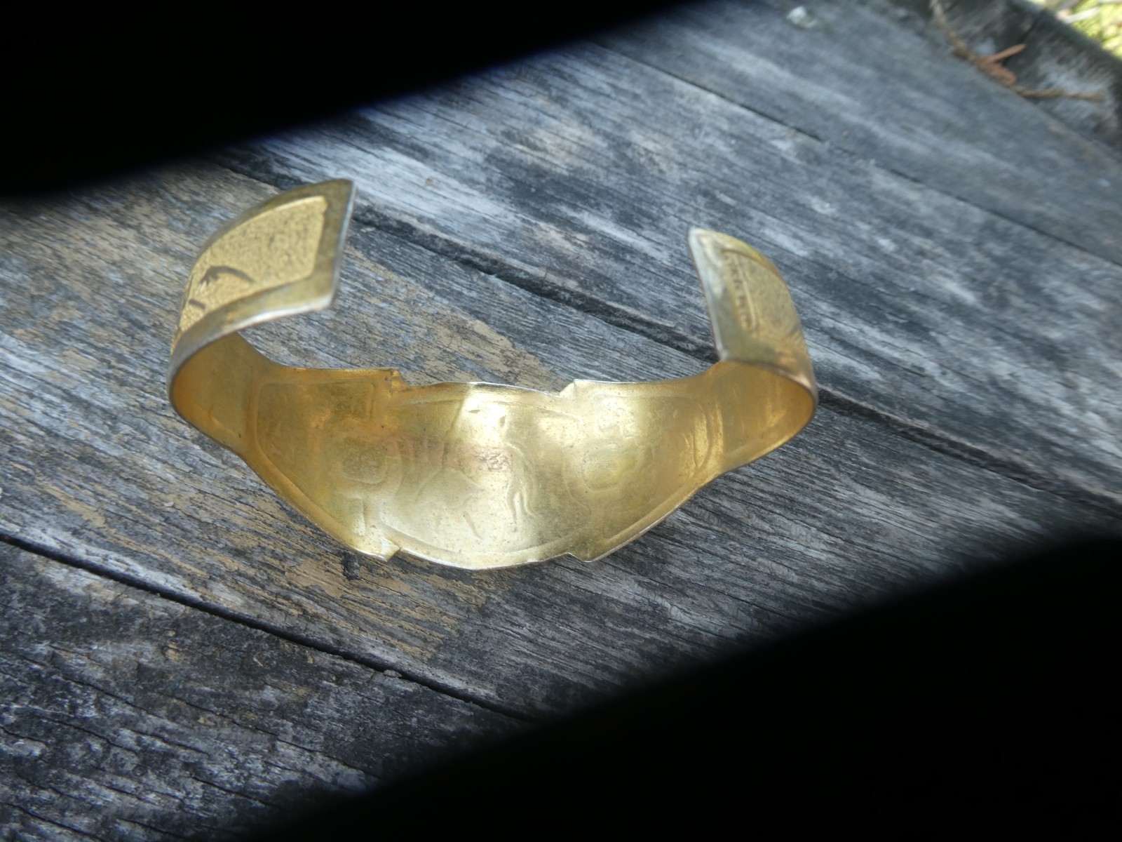 Inca Revival Brass Cuff Bracelet Gold tone Vintage