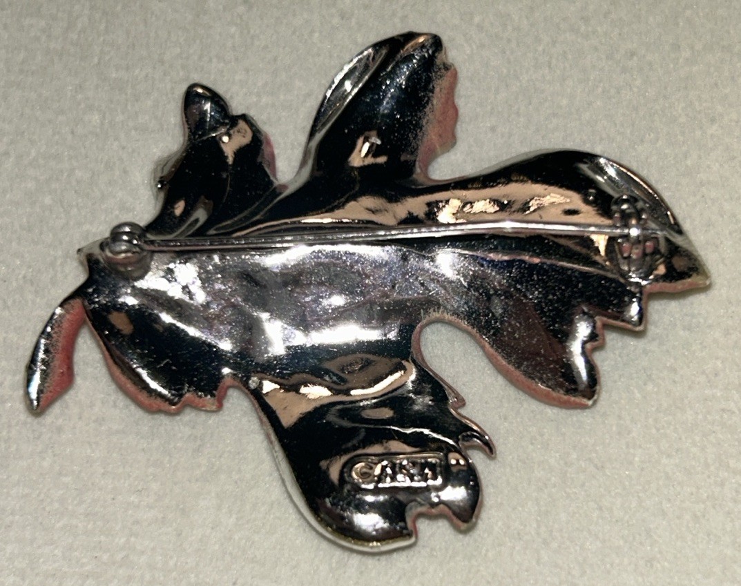 Vintage BSK Autumn Leaf Brooch Brown Rose Enamel AB Rhinestones Silver Tone 1950