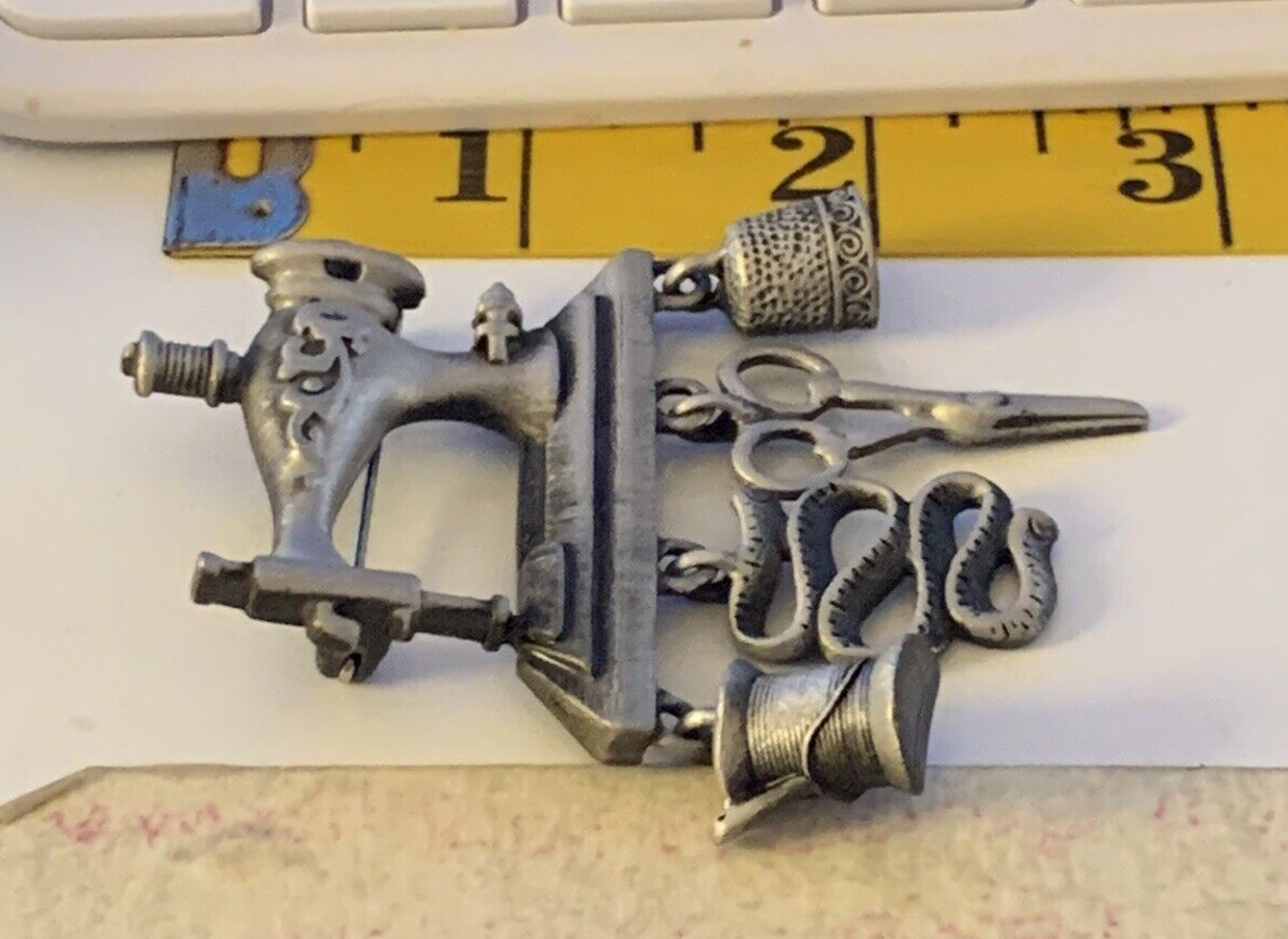 AJC Sewing Machine Pewter Silvertone Brooch Thread Scissor Thimble Tape Measure