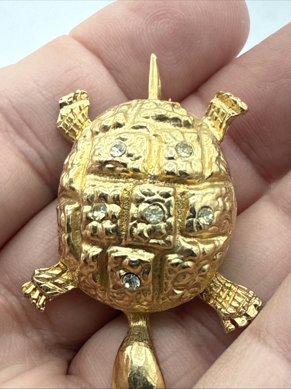Gold Turtle Brooch/Pin With Green Eyes And Clear Stones On Shell Vintage (READ)!