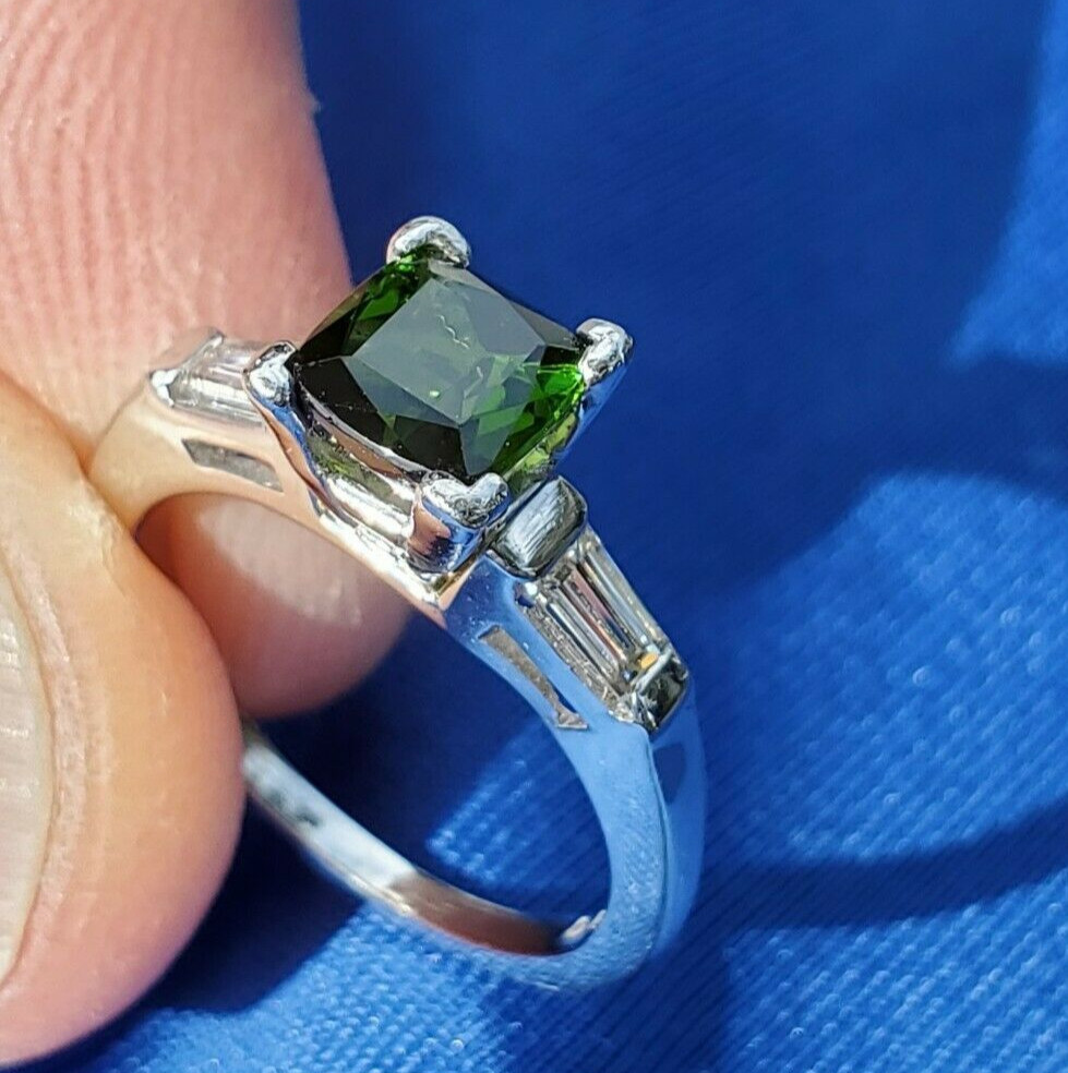 EARTH MINED TOURMALINE DIAMOND Deco Engagement Ring ORIGINAL PLATINUM Solitaire