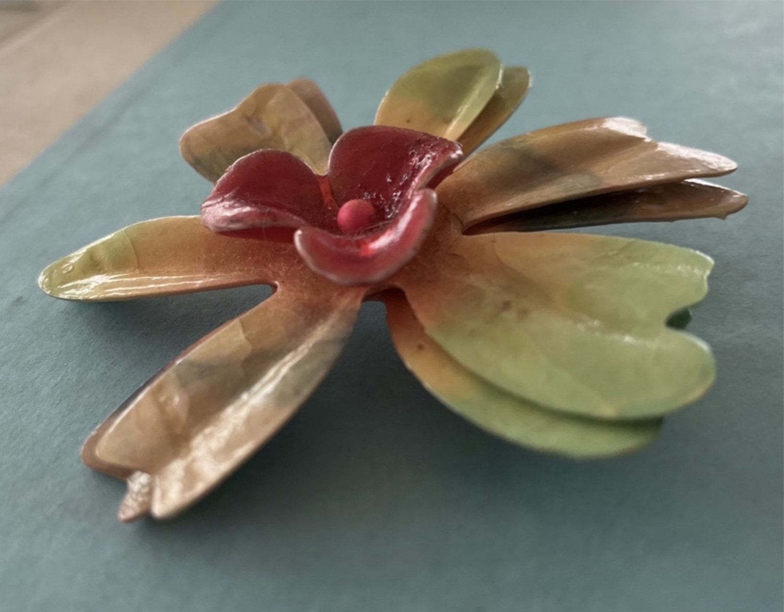 Vintage Large Enamel Flower Pin – lightweight not metal – papier mache? resin?