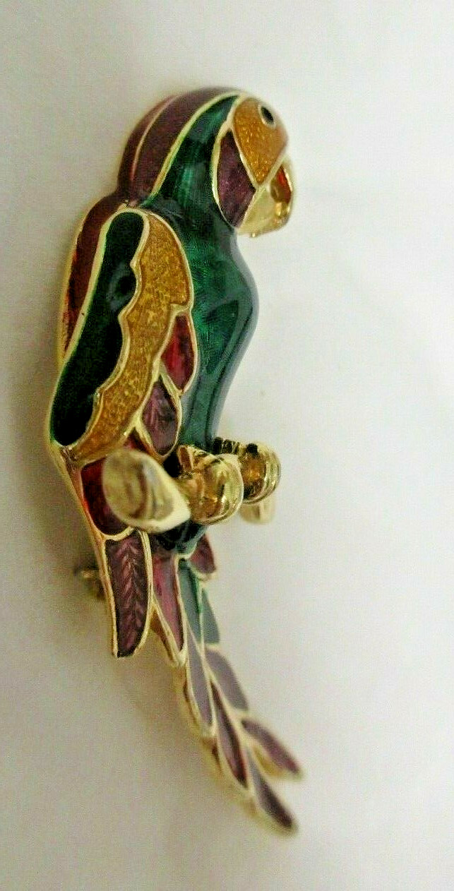 Vintage Gold Tone Green, Red, Yellow & Blue Enamel Parrot Brooch