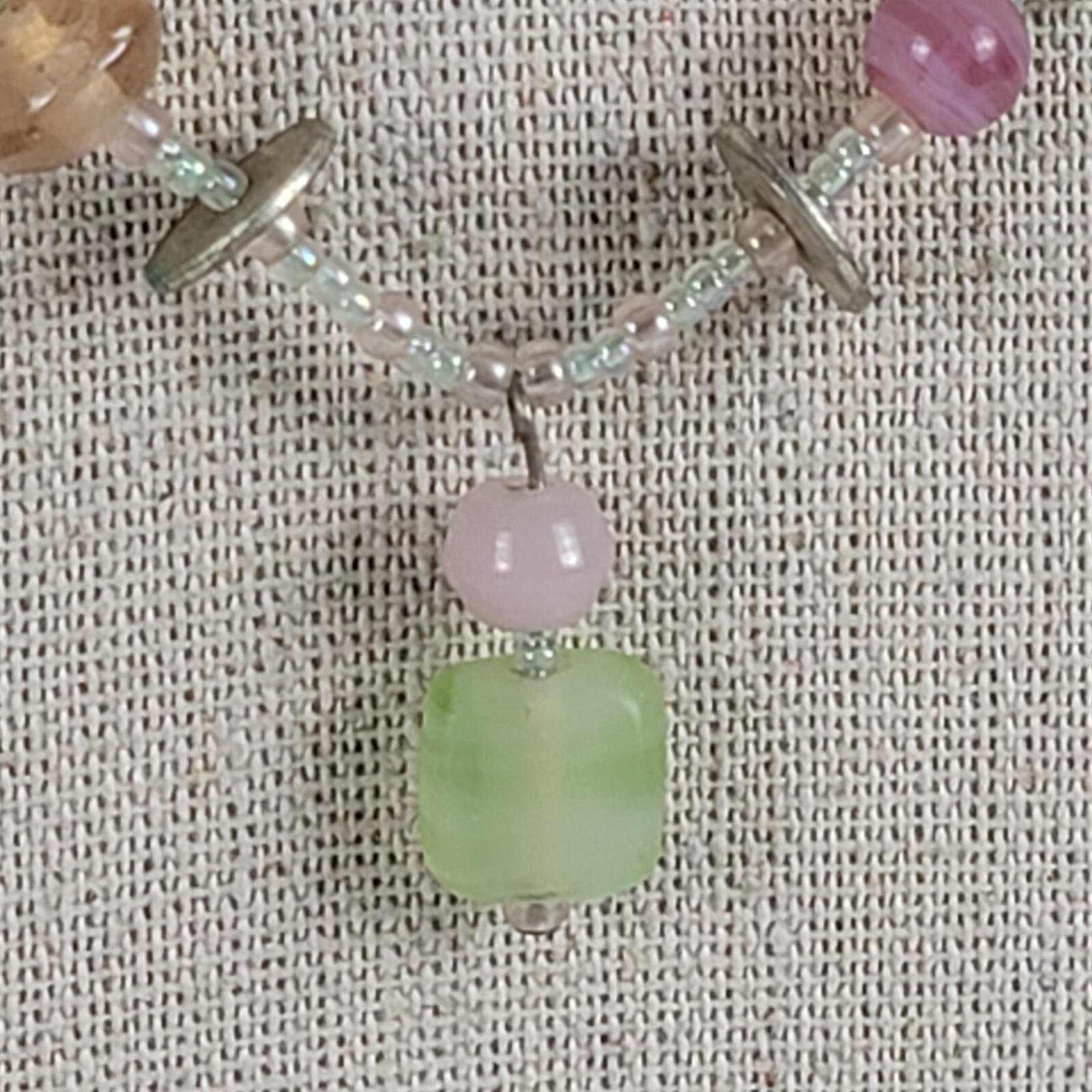 Vintage Pastel Pink And Green Glass Wire Beaded Necklace And Earrings Set 17″