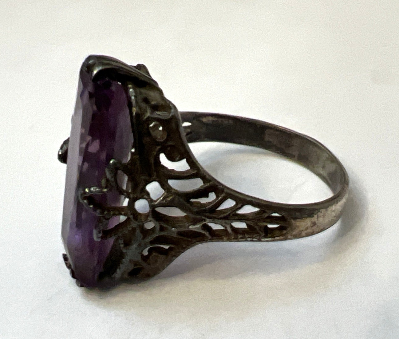 Vintage Sterling Silver Art Deco Style Emerald Cut Amethyst Ring Size 4.25