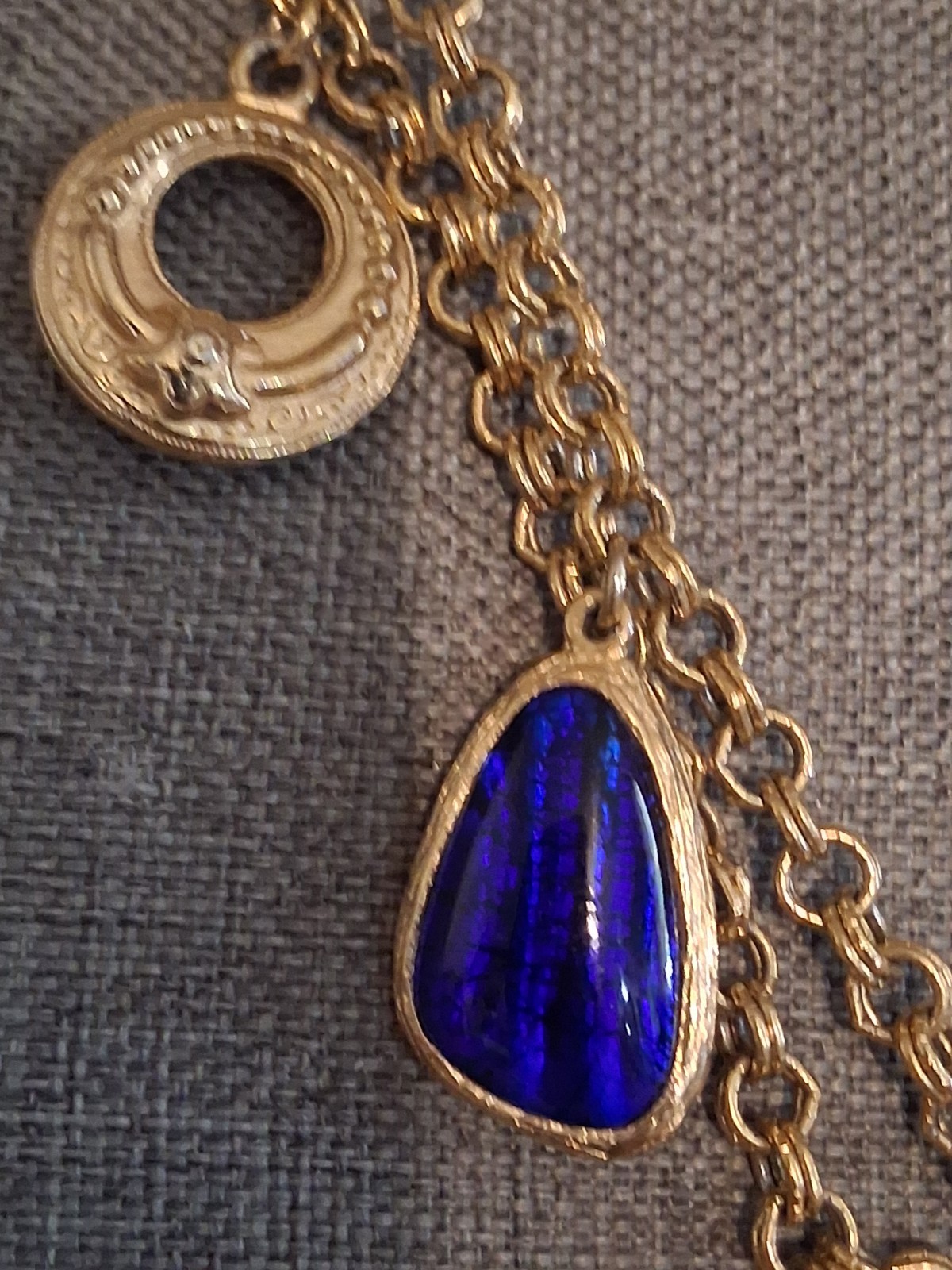 Cobalt blue poured glass dangle drop charm double strand necklace, vintage, 24″
