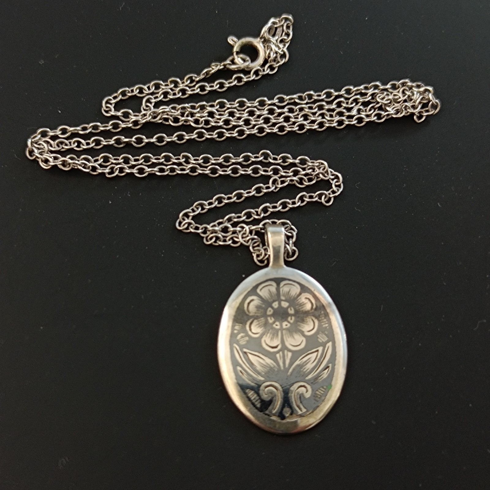 Russian Niello Necklace Silver 875 Floral Oval Traditional Pendant Vintage Long