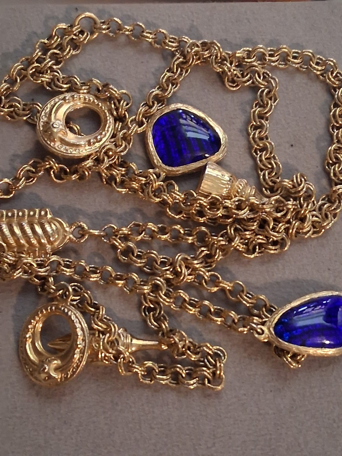 Cobalt blue poured glass dangle drop charm double strand necklace, vintage, 24″