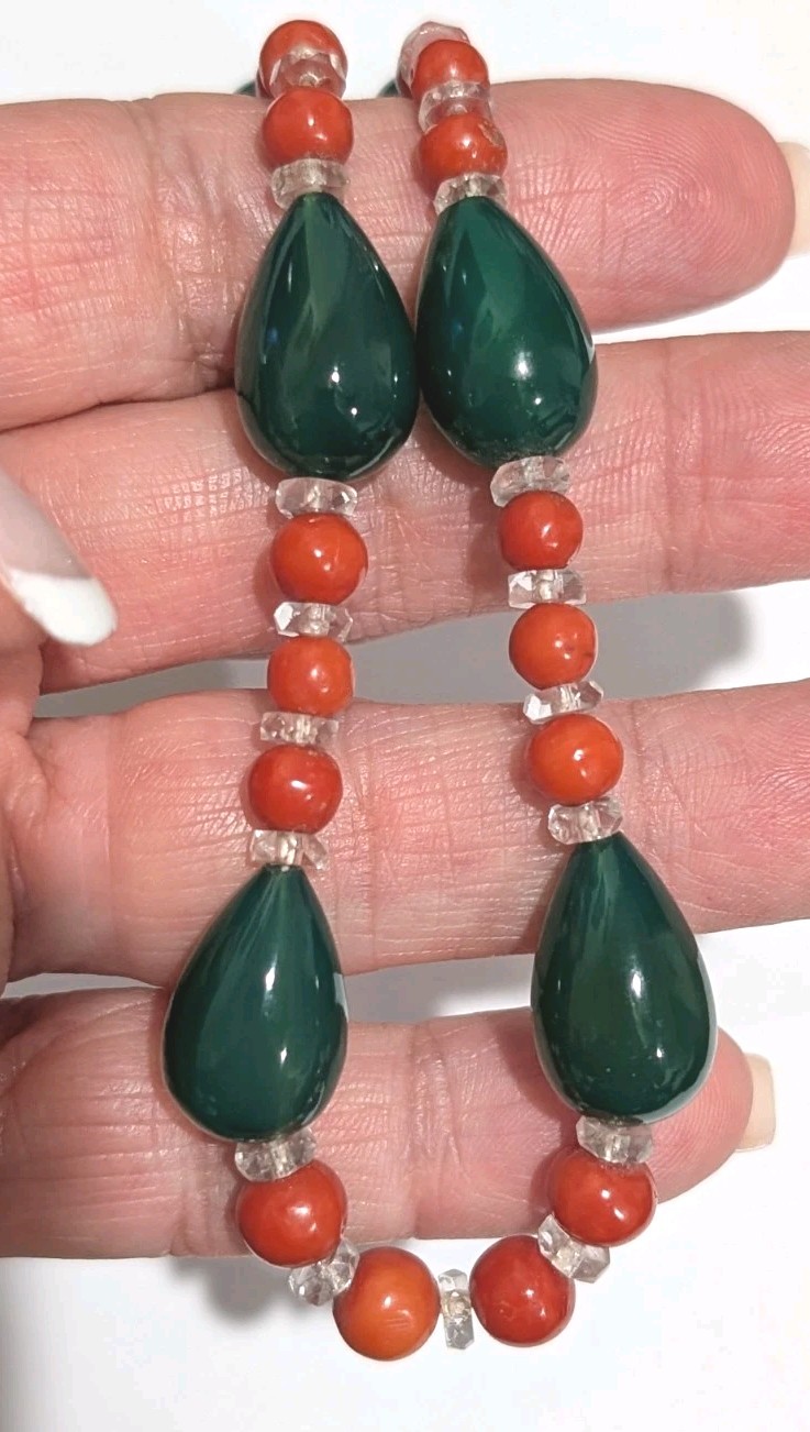 Vintage 14k Genuine 13mm Jade Coral Quartz Beads 13.5″ Choker Necklace 32 Grams