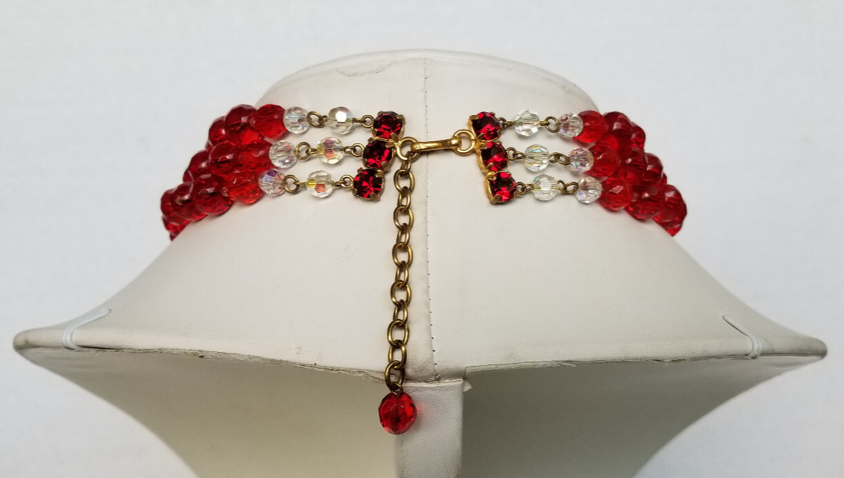 Vintage Signed France AB Bead & Red Glass Cluster Bead Necklace