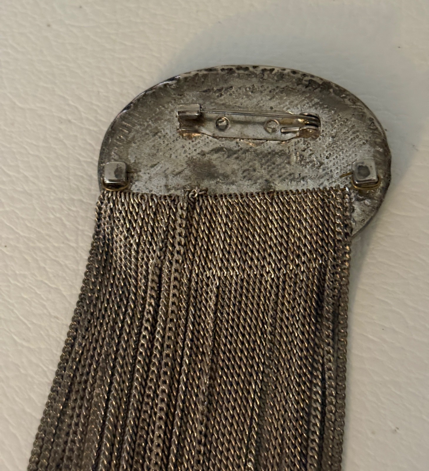Vintage Unsigned Abalone SilverTone Fringe Chain Brutalist Statement Brooch
