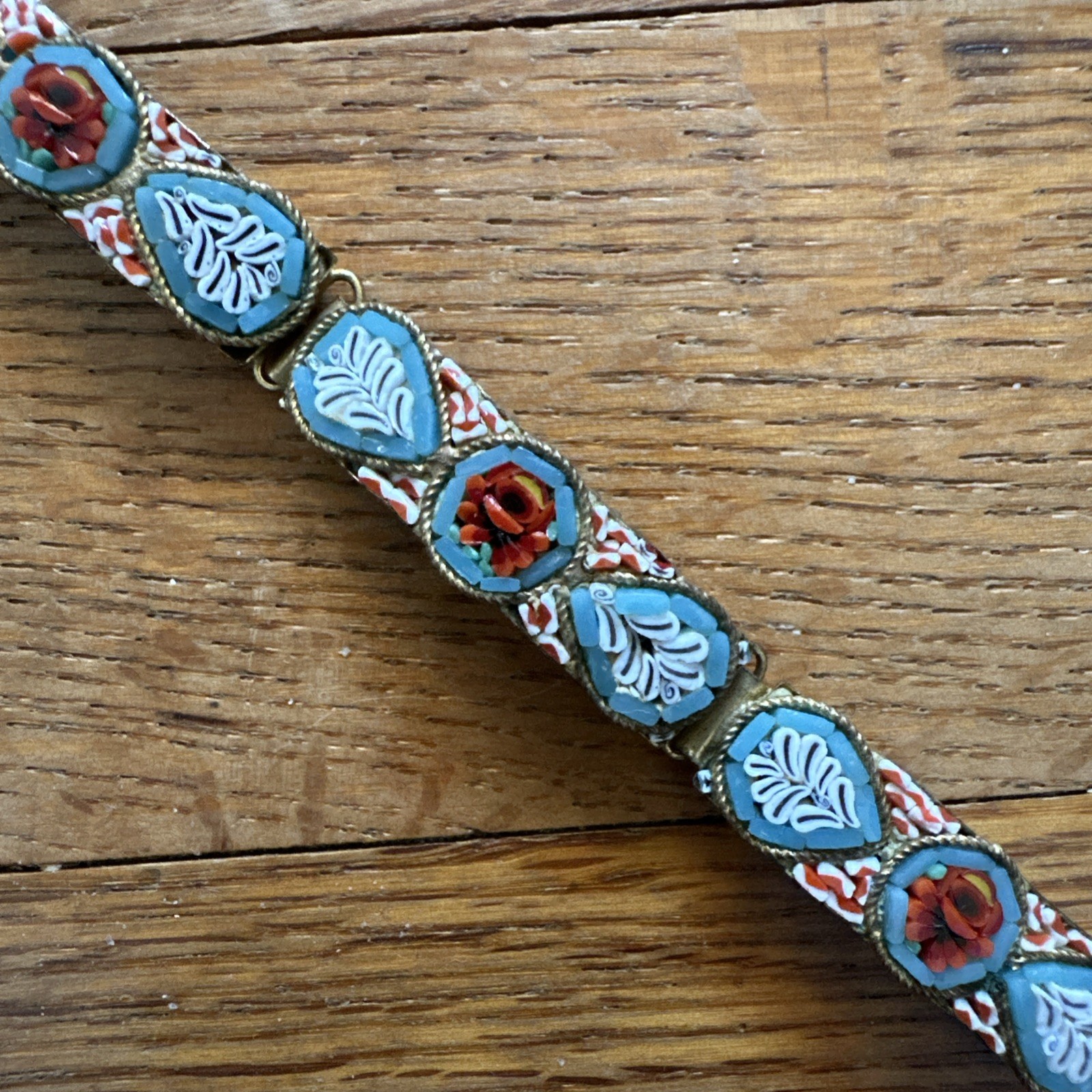 Vintage MCM Souvenir Venice Micro Mosaic Brass Bracelet Red Roses Flowers 7.5