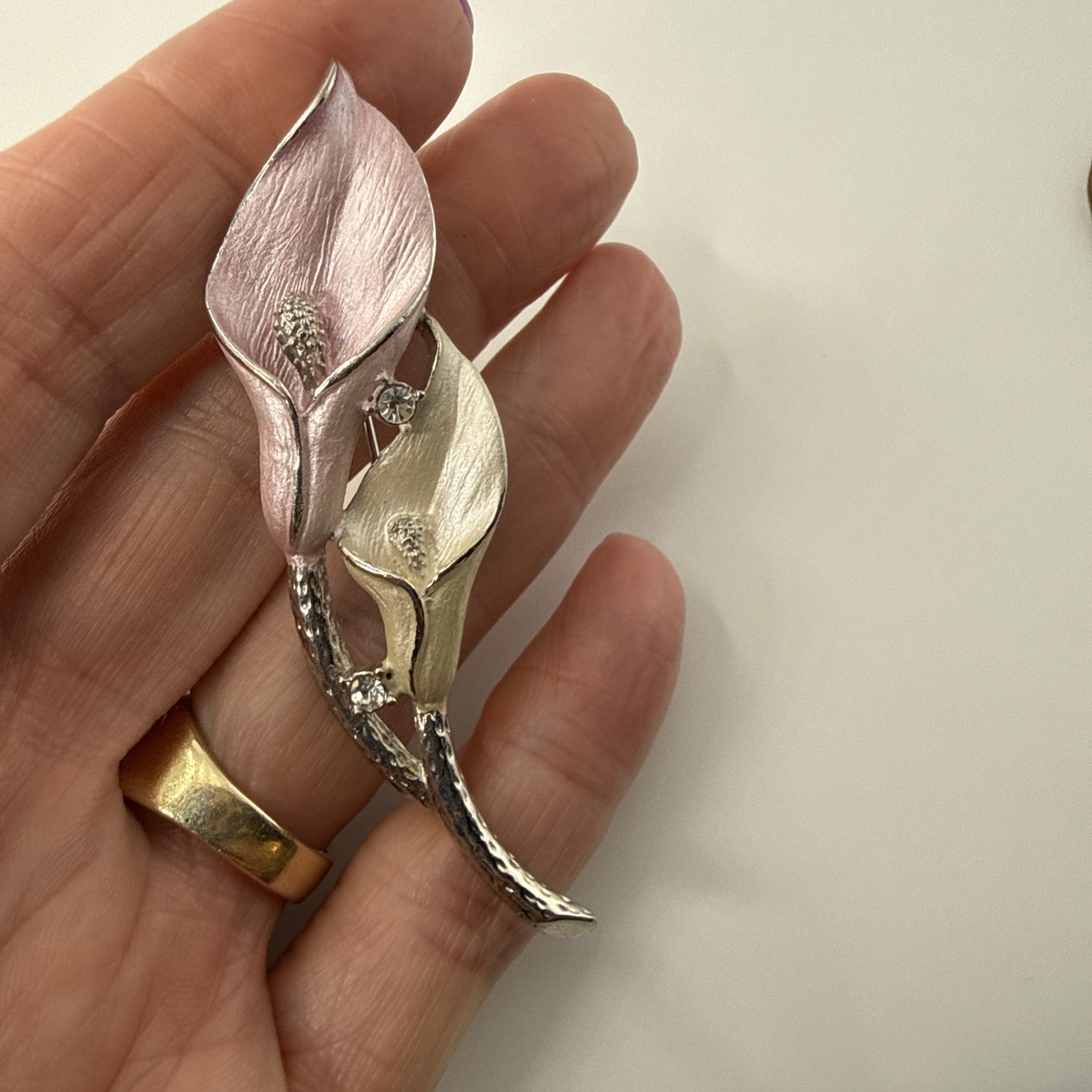 Calla Lilly Flower Brooch Silver Tone With Pink & White Enamel Premier Designs