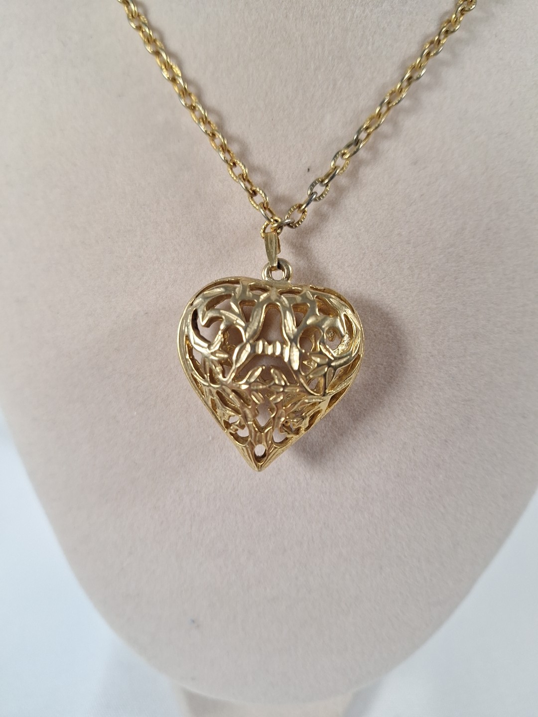 Goldtone Filigree Puff Heart Shape Pendant Necklace
