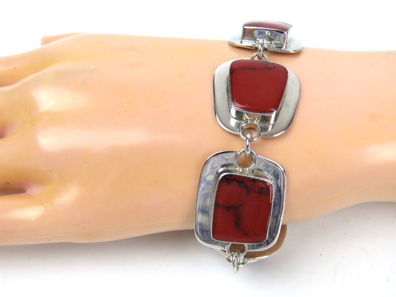 ATI MEXICO 925 Sterling Silver Jasper Stone Link Bracelet Toggle Closure
