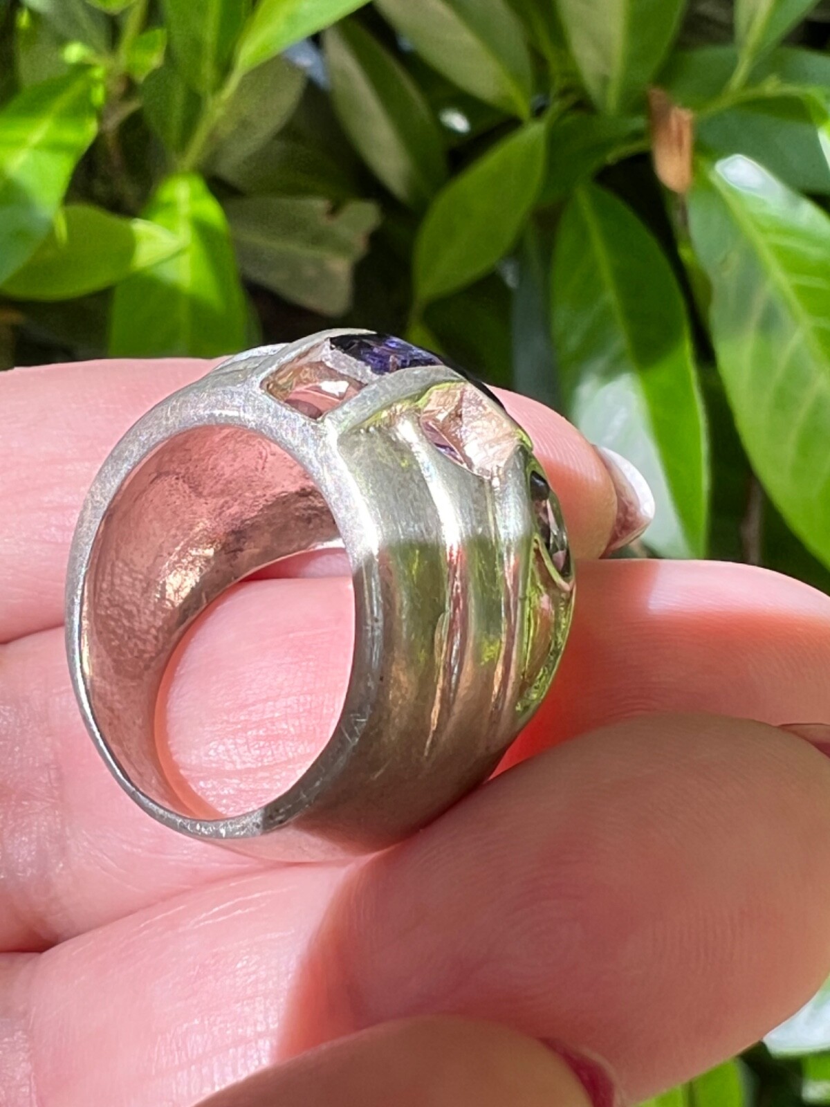 VINTAGE TANZANITE & IOLITE WIDE BAND RING 925 STERLING SLVER UNIQUE HEAVY CHUNKY