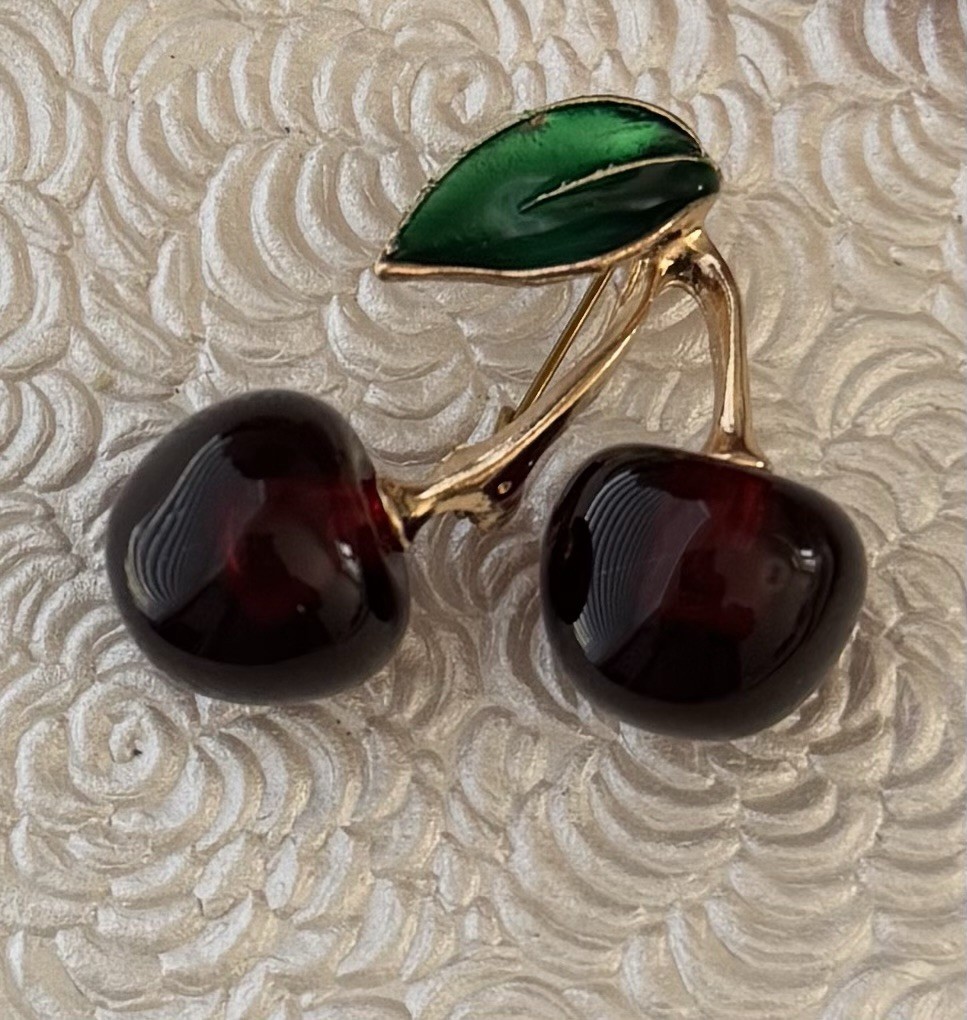 Vintage style Cherry brooch enamel on metal