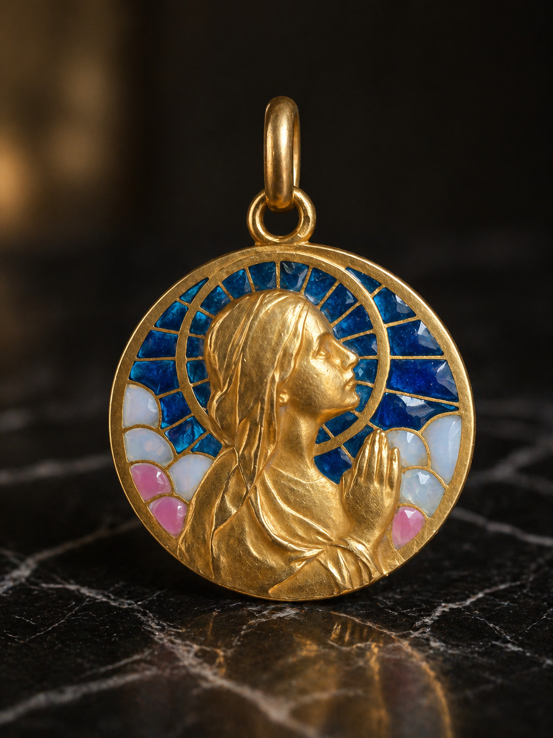 Antique Art Nouveau 18K Gold Virgin Mary Plique-à-Jour Enamel Pendant c1900 Rare