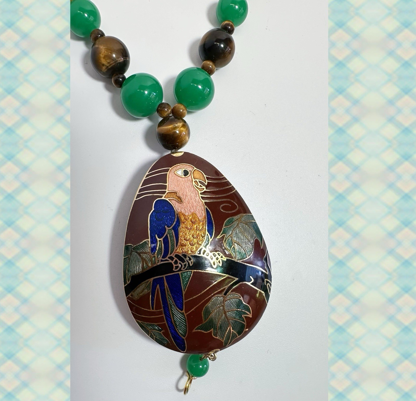 Vintage Hobé Cloisonne & Tiger’s Eye + Green Jade Stones Necklace
