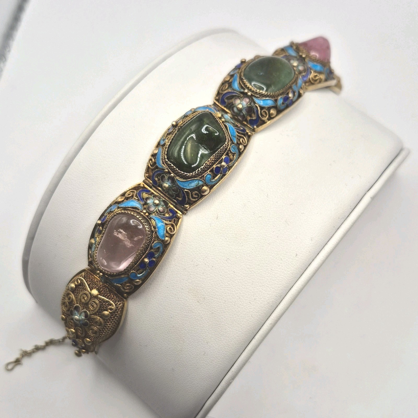 Vintage Silver W/ Gold Wash Chinese Export Tourmaline Enamel Filigree Bracelet