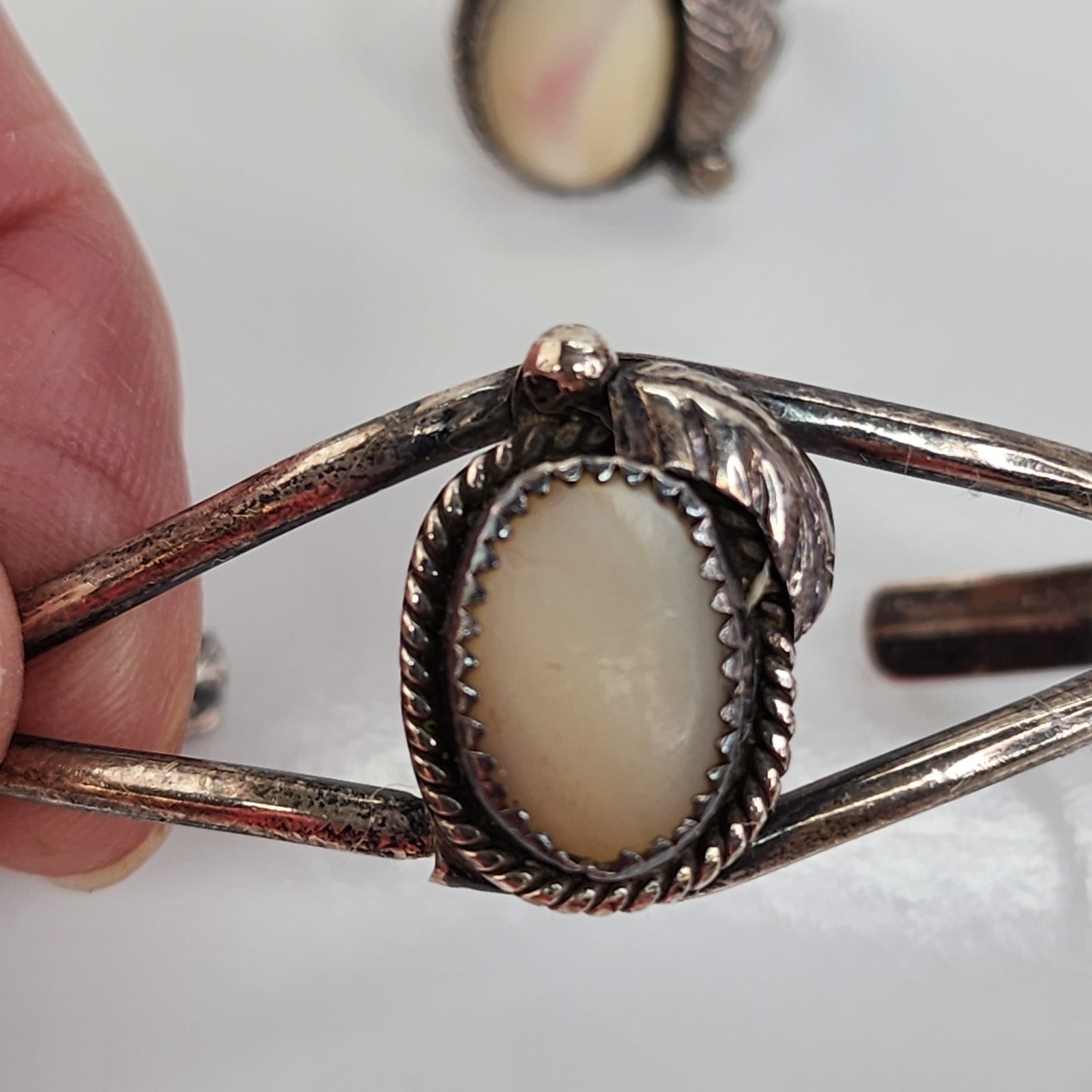 Vtg Mother of Pearl Bracelet Ring Set Silver Tone Boho 1980s READ Repairs Needed