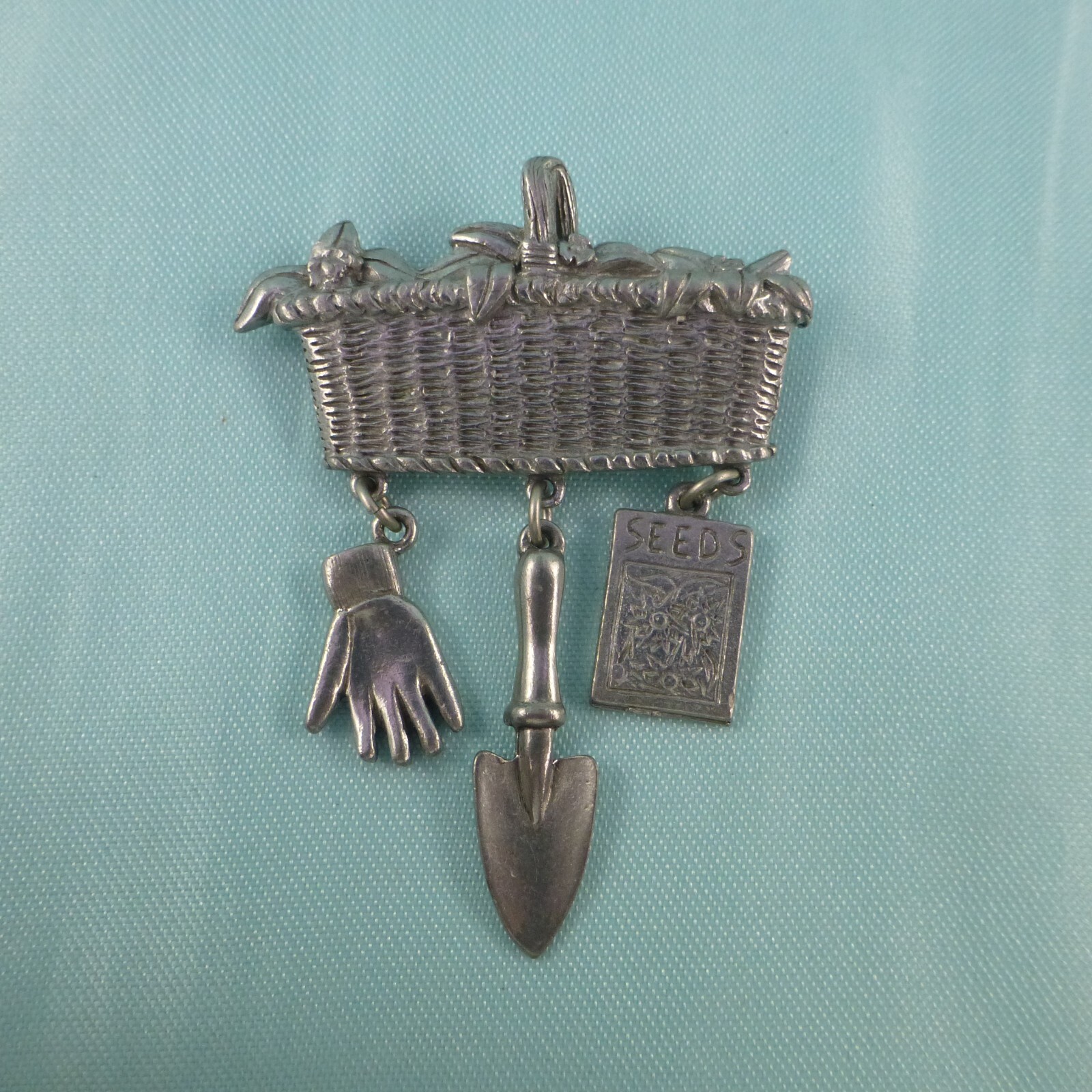 Pewter Gardening Basket Pin Brooch Signed CLIFT Flowers Dangles Seeds Gardener