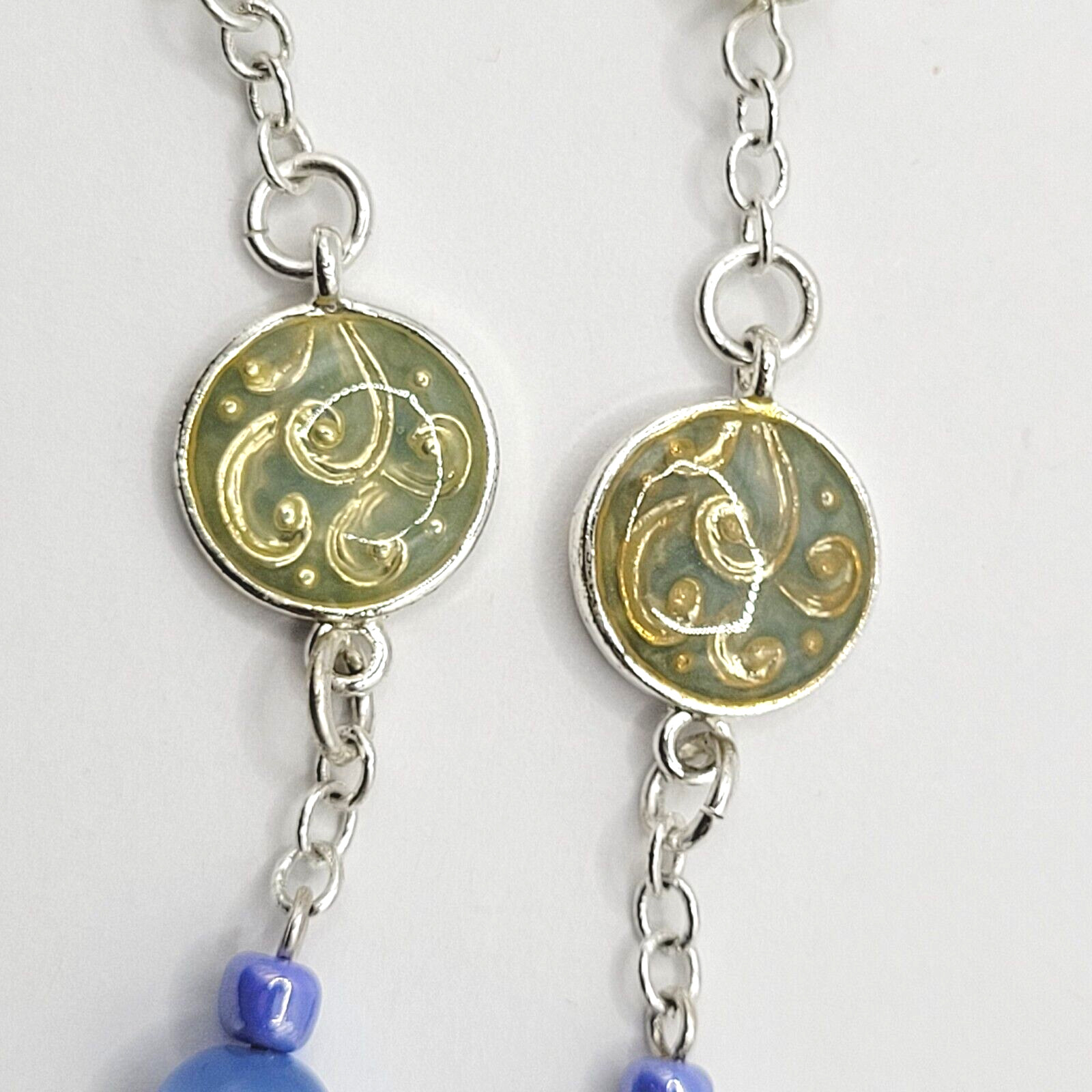 Blue & White Moonstone with Glass & Enamel Silver Tone Chain Necklace KR 24 Inch