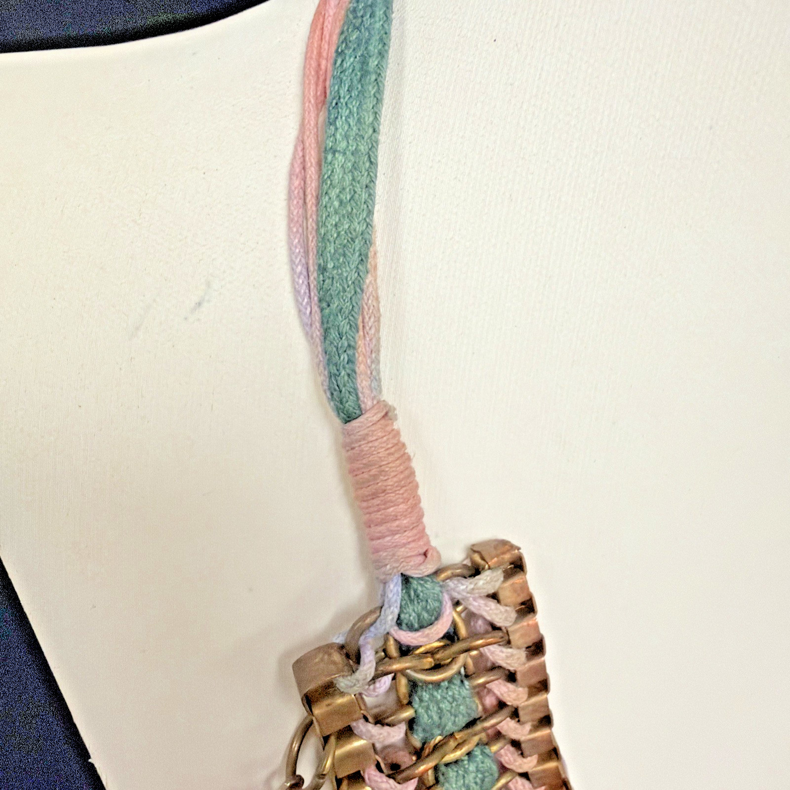 Vtg Egyptian-style Spiked BIB necklace W/ Copper Tone Spikes Pink & Green Beads