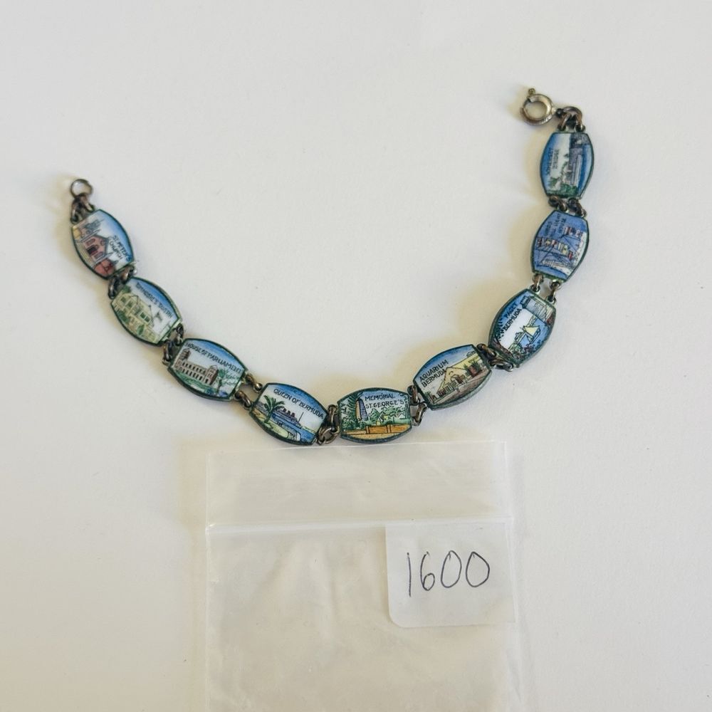 Bermuda Charm Panel Link Bracelet VTG souvenir Buildings Souvenier Enamel 7.5″