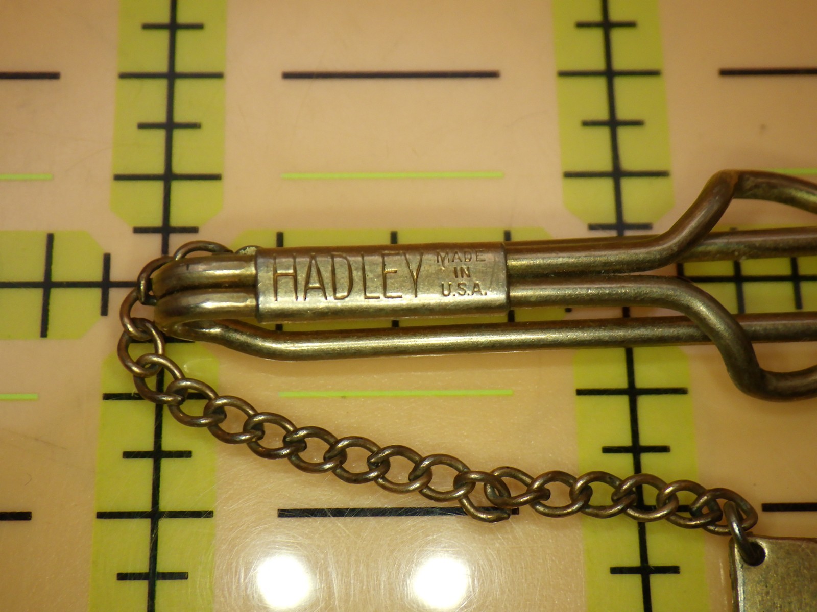Vintage Hadley Tie Bar with Chain and Deco Striped Fob Gold Tone Mid Century USA