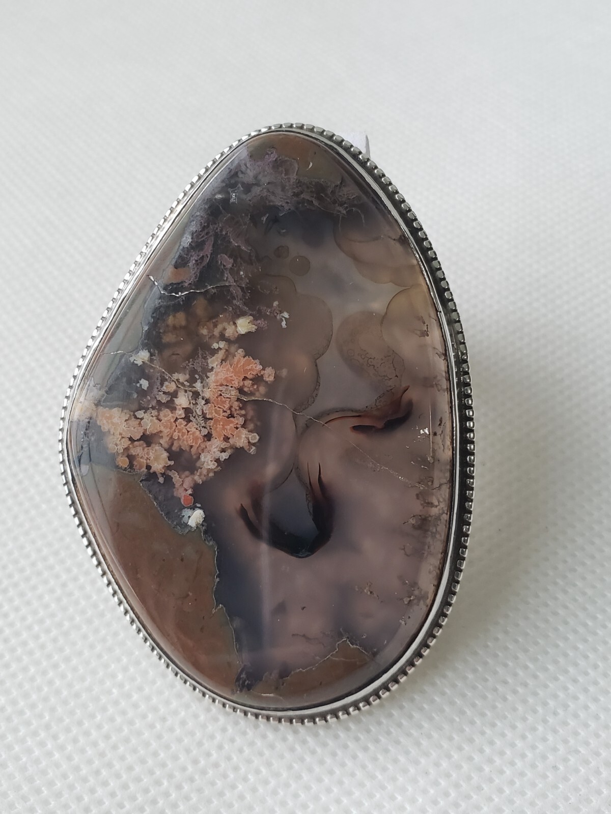 Large Vintage Sterling Silver Solid Moss Agate Brooch Pin or Pendant- 50.1 Grams
