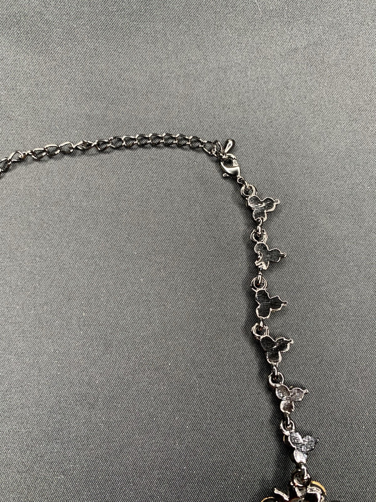 Pink Flower Shape Rhinestone Black Gun Metal Necklace 14” Choker