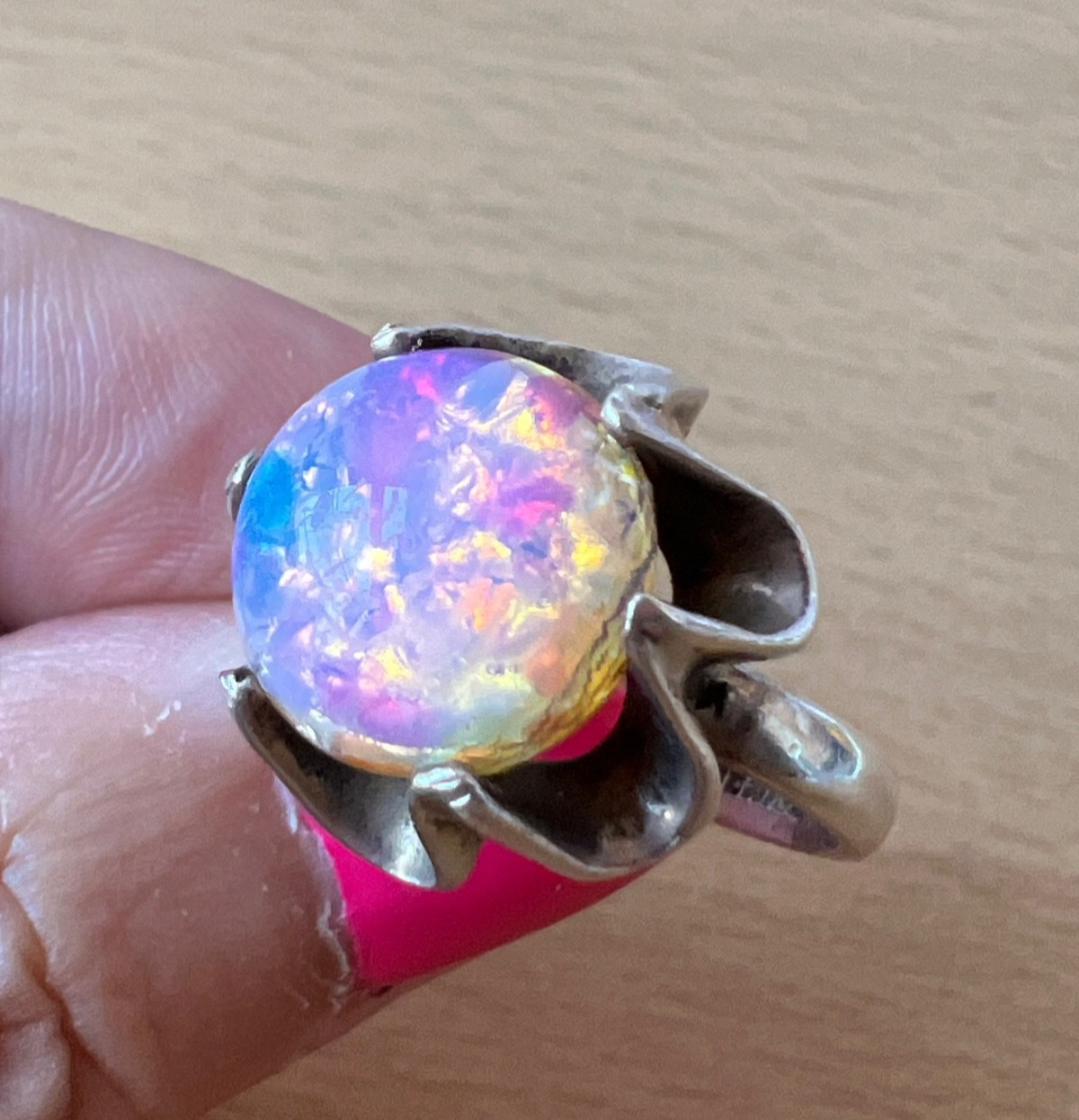 VINTAGE LARGE ROUND CABOCHON FAUX RAINBOW OPAL RING 925 STERLING SLVER MEXICO