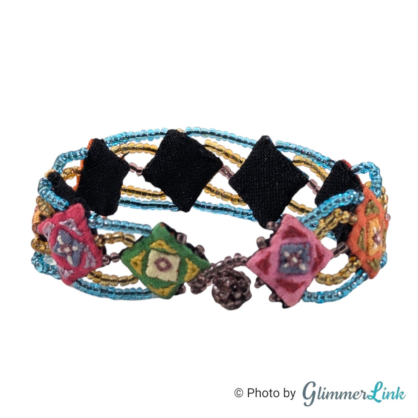 Vintage Beaded Bracelet Embroidered Textile Panels Boho Multicolor