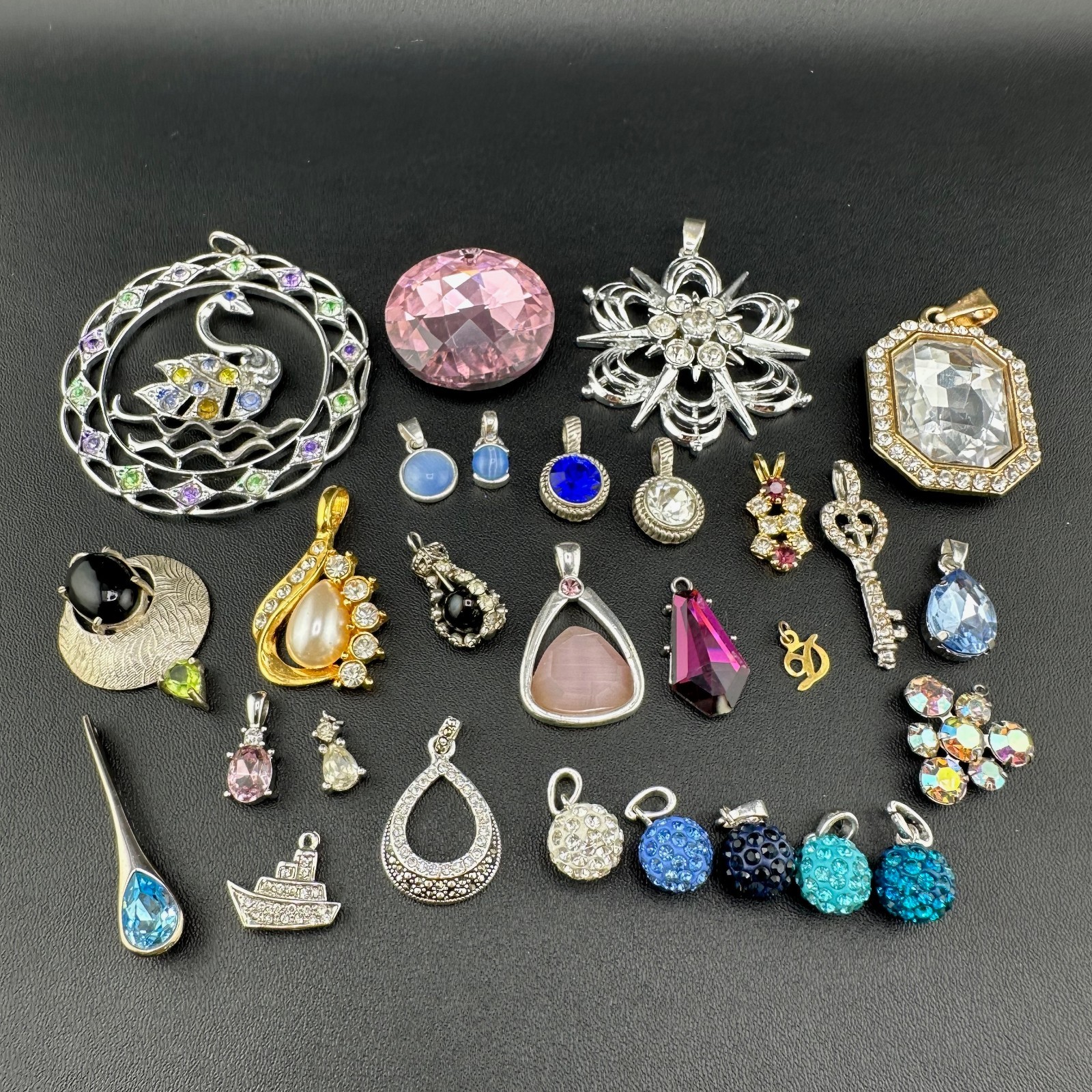 Vintage to Now Crystal Rhinestone Pendant Charm Lot of 28 Silver Gold Tone Mix