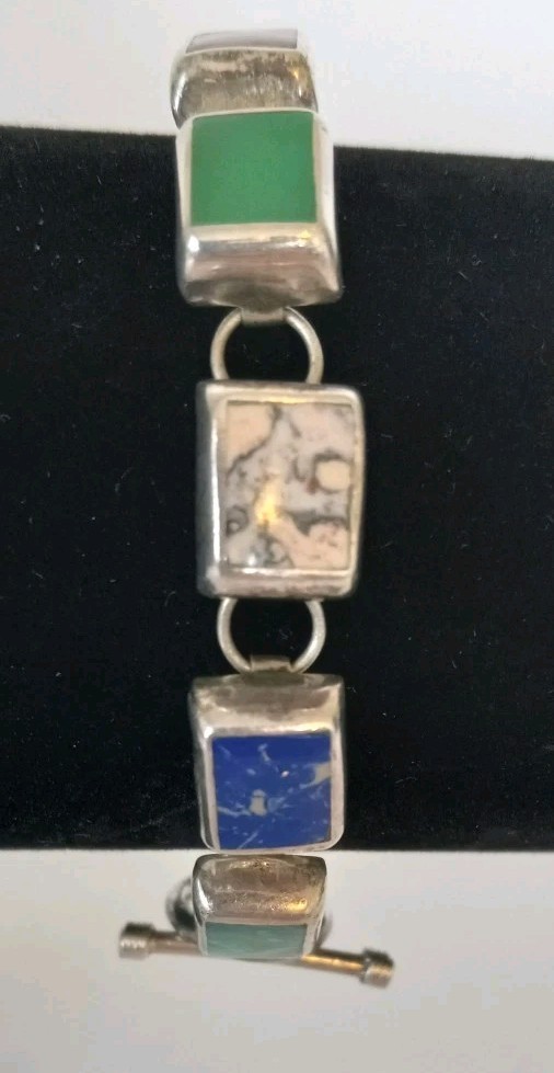 Vtg Mex925 Sterling Silver Multicolor Stone Bracelet 7″