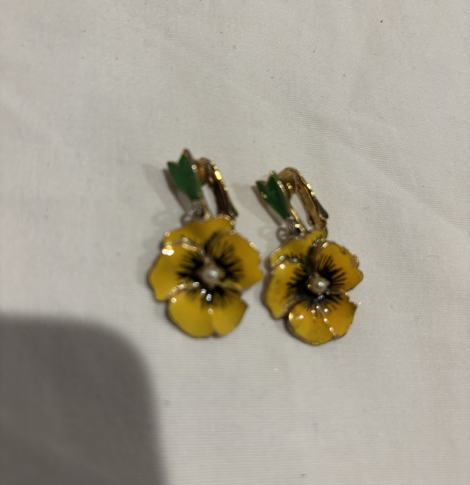 Vintage yellow enamel pansy flower clip earrings
