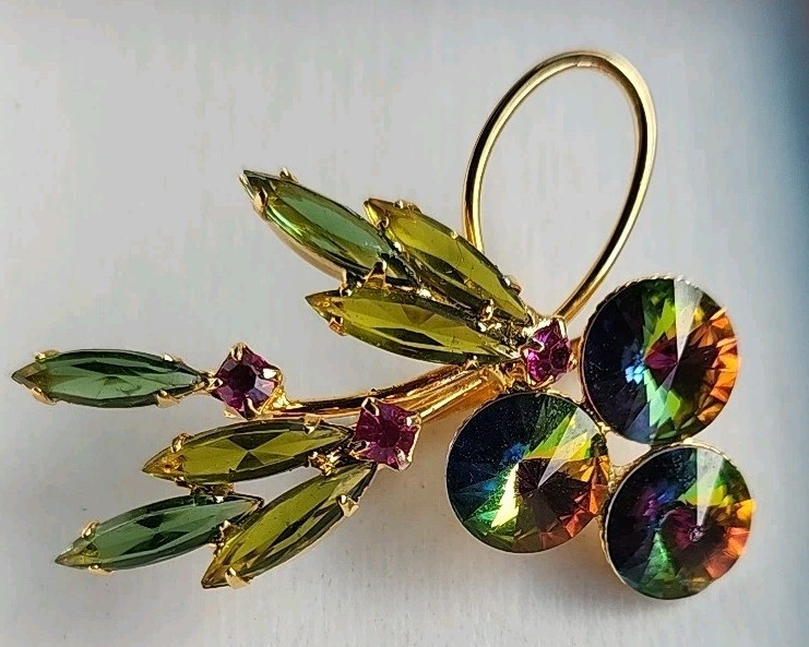 Vintage Julianna Pink and Green Rivoli Watermelon Brooch & Clipon Earrings