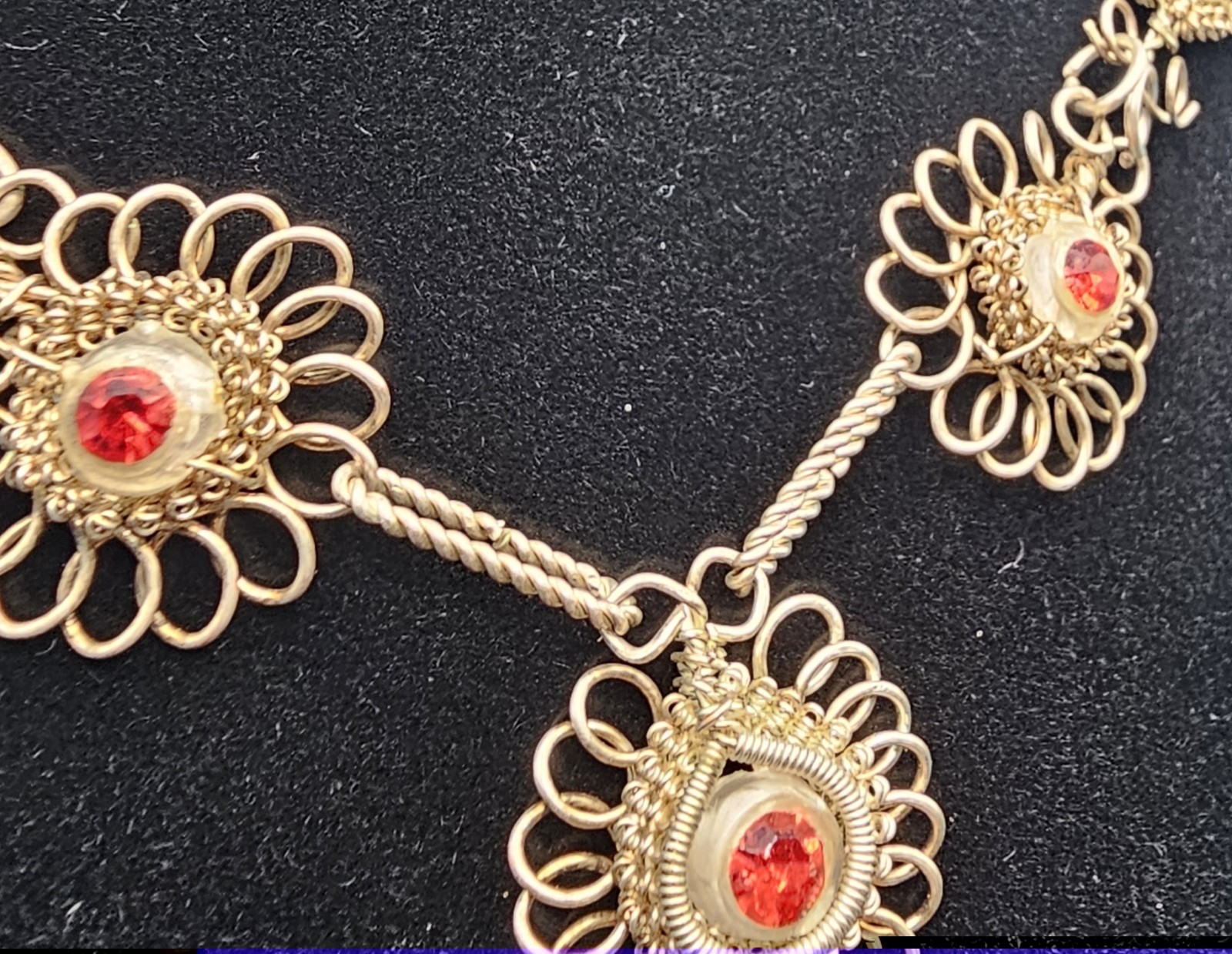 Vintage Cannetille Spun Wire Necklace Lot 2 Faux Pearl Rhinestone Original Clasp