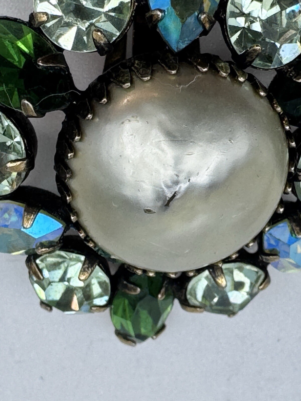 Antique Vintage Blue Rhinestone Clip On Earrings And Gray Baroque Faux Pearl