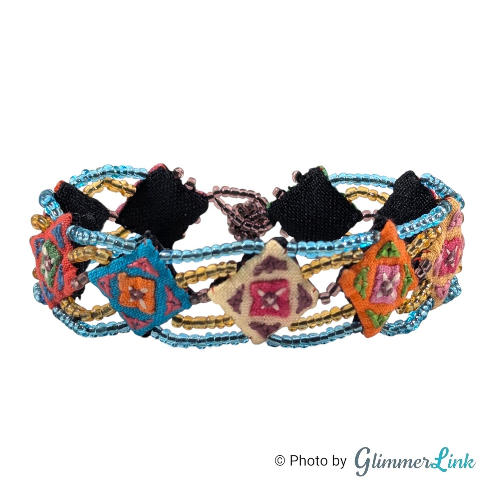 Vintage Beaded Bracelet Embroidered Textile Panels Boho Multicolor