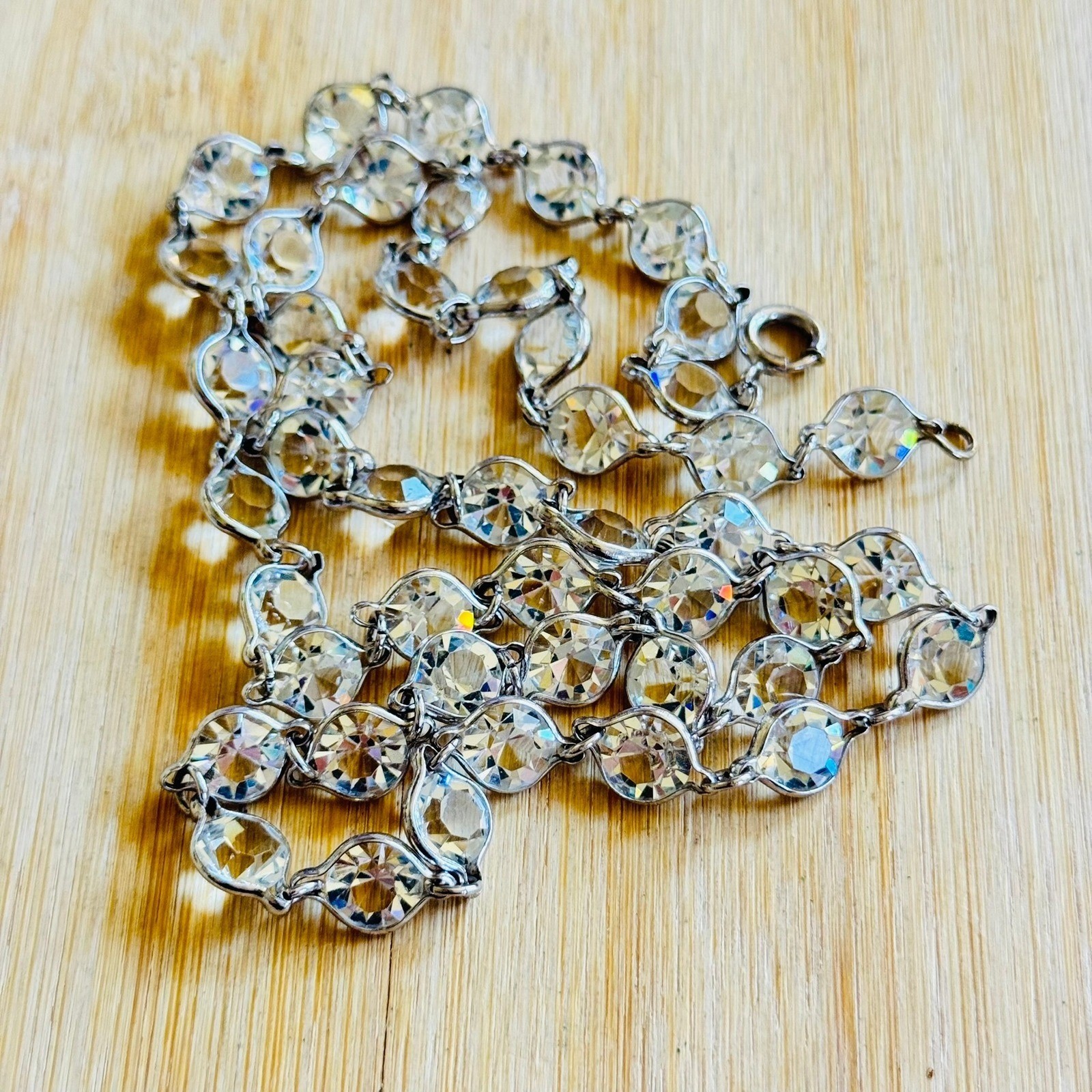 VTG Necklace Pointed Back Austrian Crystal Open Bezel Silver Tone Strand 30″