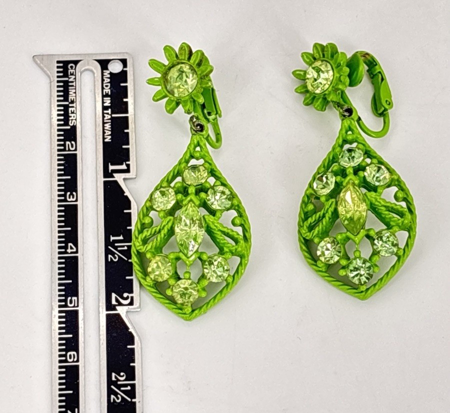 Vintage Uranium Lime Green Rhinestone Dangle Teardrop Enamel Earrings 2″ Long