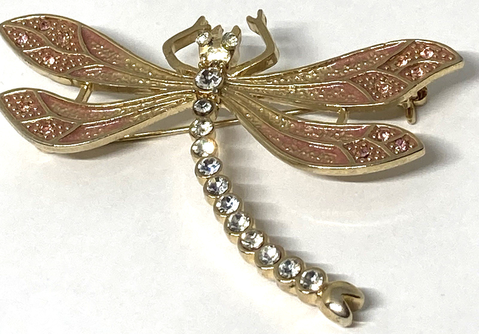 Dragonfly Brooch Gold Tone Pin Pink Wings & Clear Crystals Rhinestone Body