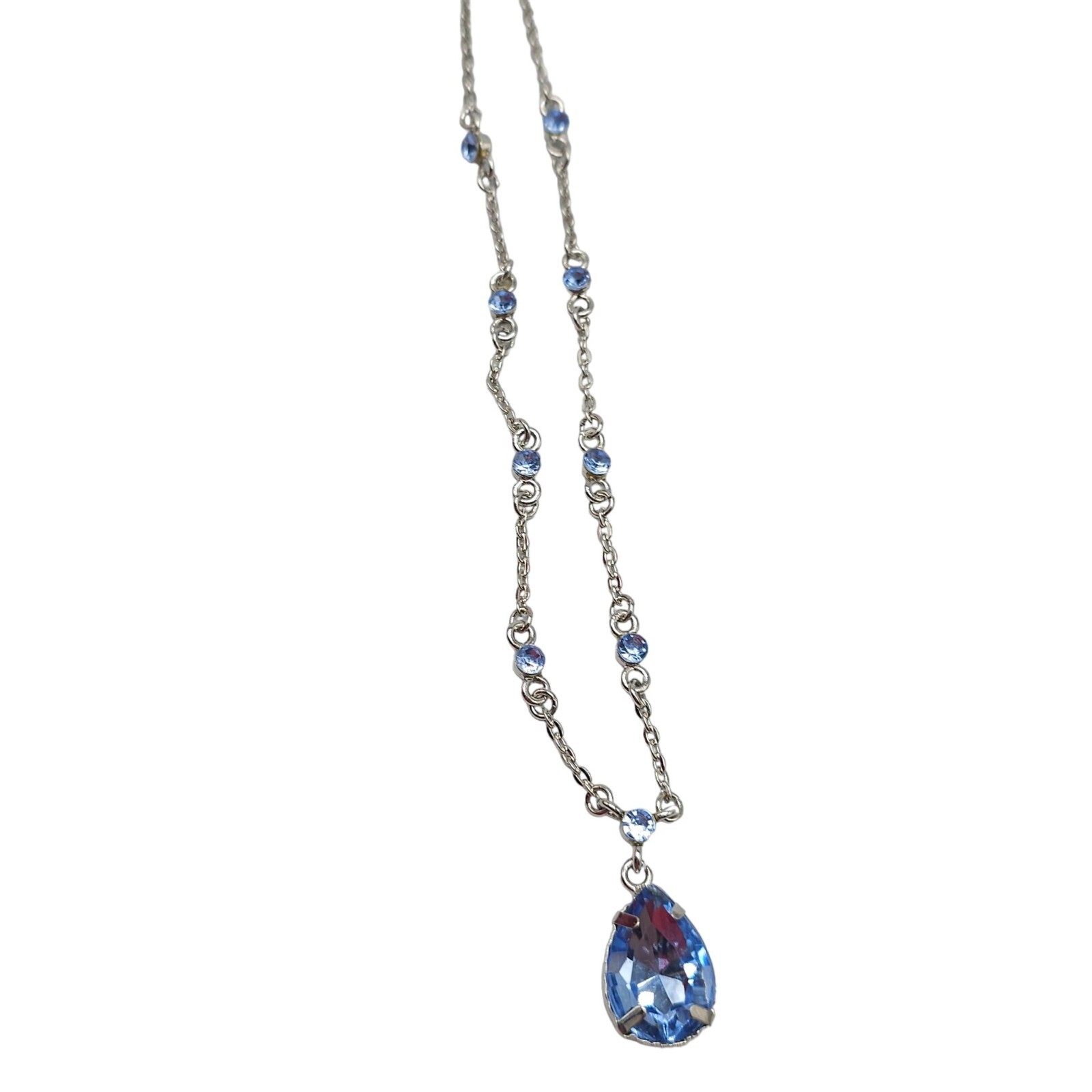 Blue Rhinestone Crystal Station Pendant Chain Necklace Silver Tone Vintage