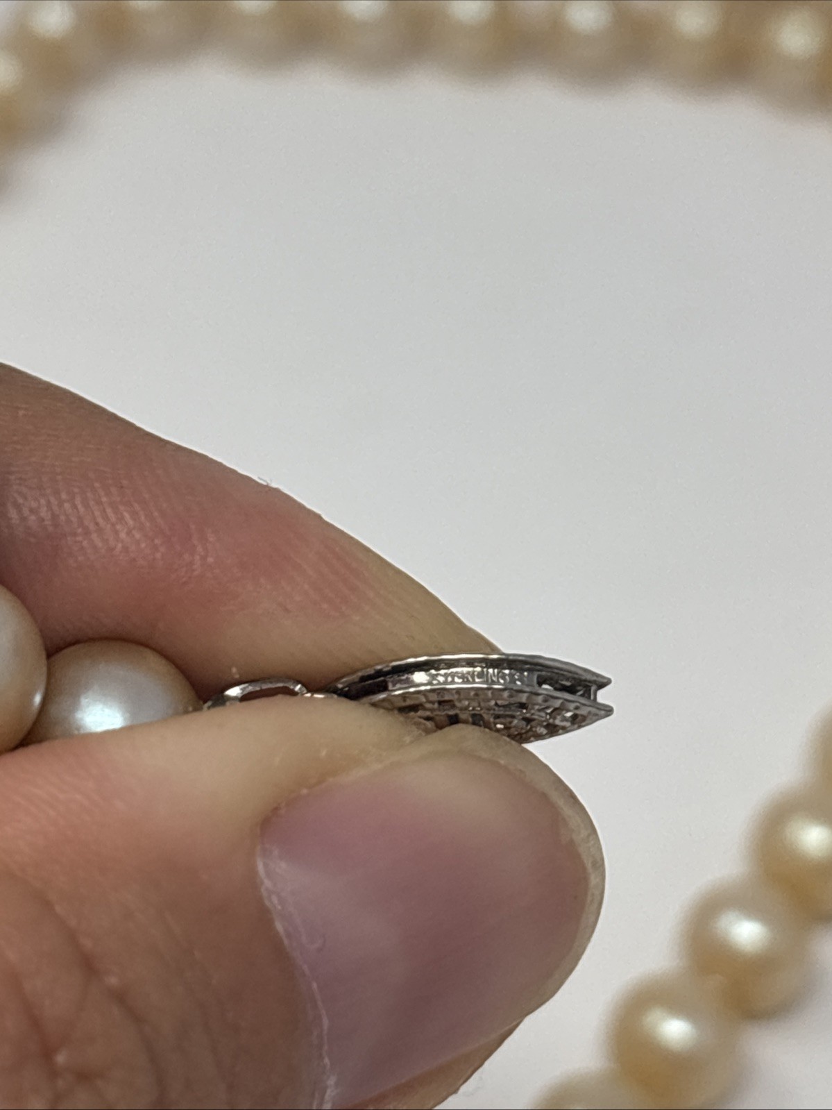 Vintage Art Deco Faux Pearl Necklace Sterling Filigree Fish Hook Clasp
