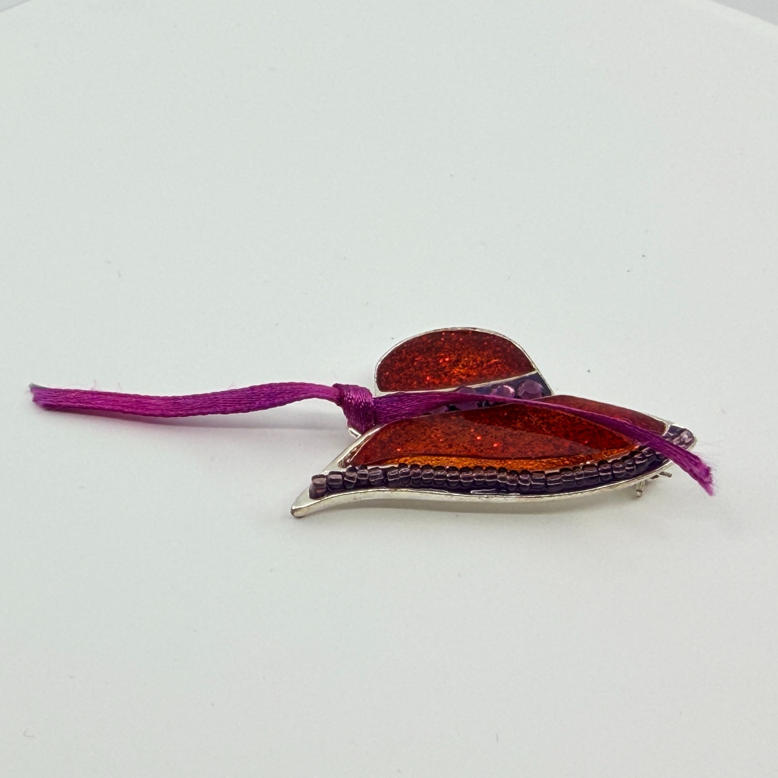 Vintage Chico’s Red Glitter Enamel Sun Hat Brooch Purple Ribbon Beaded Pin