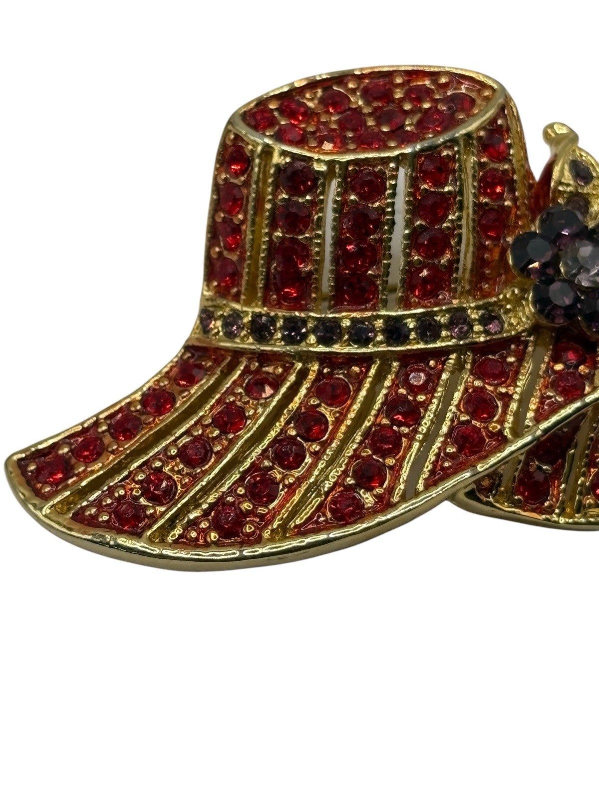 Vintage Red Hat Society Brooch Pin Red & Purple Rhinestones Gold Tone Flower