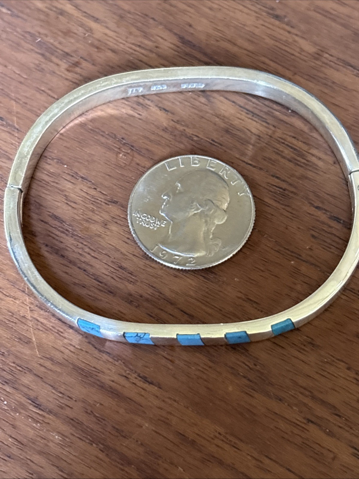 ATI Mexico 925 Sterling Silver Turquoise Hinged Bangle Bracelet Signed